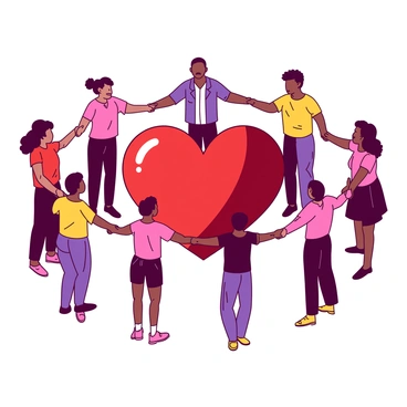 A circle of diverse people of varying ages and ethnicities is holding hands, forming a protective barrier around a large red heart in the center. Each person is wearing bright clothing in different styles, showcasing their individuality. The heart is vibrant and glossy, radiating warmth and love. The setting has an uplifting atmosphere, emphasizing unity and support among the people as they stand together in solidarity.