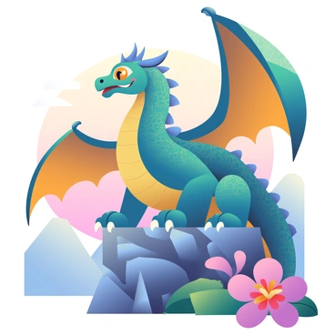 A large, majestic dragon with shimmering scales in vibrant hues of blue and green is perched on a rocky cliff. Its wings are spread wide, showcasing intricate patterns of gold and silver. The dragon's piercing eyes are a bright amber, glinting in the sunlight. Surrounding the dragon are lush, fantasy-themed foliage including oversized flowers with petals in shades of purple and pink. In the background, a soft mist hovers over distant mountains, adding depth to the scene. The sky above is a mesmerizing gradient of orange and pink, indicating a sunrise.