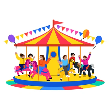 A colorful fairground ride with a spinning carousel. The carousel features brightly painted horses in various colors, including red, blue, and yellow. Children are sitting on the horses, their faces filled with joy and laughter. Some children are waving their hands in the air while others hold onto the poles. Surrounding the ride are vibrant banners and balloons, adding to the festive atmosphere. The ground is decorated with colorful tiles, enhancing the cheerful scene.