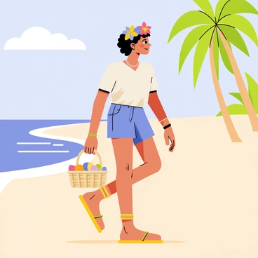 A beachcomber with a crown made of vibrant tropical flowers and various seashells is walking along a sandy beach. The beach is bathed in warm sunlight, with gentle waves lapping at the shore. The beachcomber is wearing casual beach attire and holding a woven basket filled with colorful seashells. Palm trees are visible in the background, swaying slightly in the light breeze. The sky is clear blue with a few fluffy white clouds scattered across it.