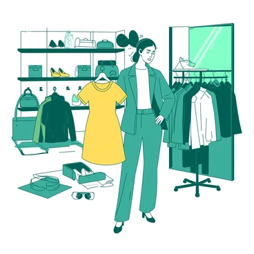 A teal personal shopper stands beside a well-dressed client in a stylish store filled with various outfits. The personal shopper is holding up a vibrant yellow dress, showcasing it to the client. The client, who has a thoughtful expression, is examining a rack of clothing with a mix of accessories displayed around them. In the background, there are elegant mirrors and organized shelves filled with colorful shoes and handbags, completing the fashionable atmosphere of the store.