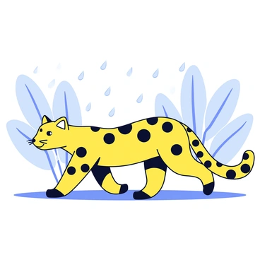 An ocelot with distinctive spotted fur is walking through a gentle rain. Each droplet of rain is shimmering as it lands on the ocelot's fur, enhancing the patterns of the spots. The background features soft, blurred greenery, with light reflecting off the wet leaves. The ocelot's posture is confident, with its head held high as it navigates through the rain.