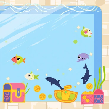 A swimming pool with a clear blue water surface reflecting sunlight. Below the surface, various illustrated underwater creatures such as colorful fish, a friendly octopus, and playful dolphins are swimming. Scattered around are treasure chests embellished with intricate designs, some partially open revealing shiny gold coins and sparkling jewels. The pool's tiled floor is visible, decorated with vibrant mosaics that enhance the underwater scene.