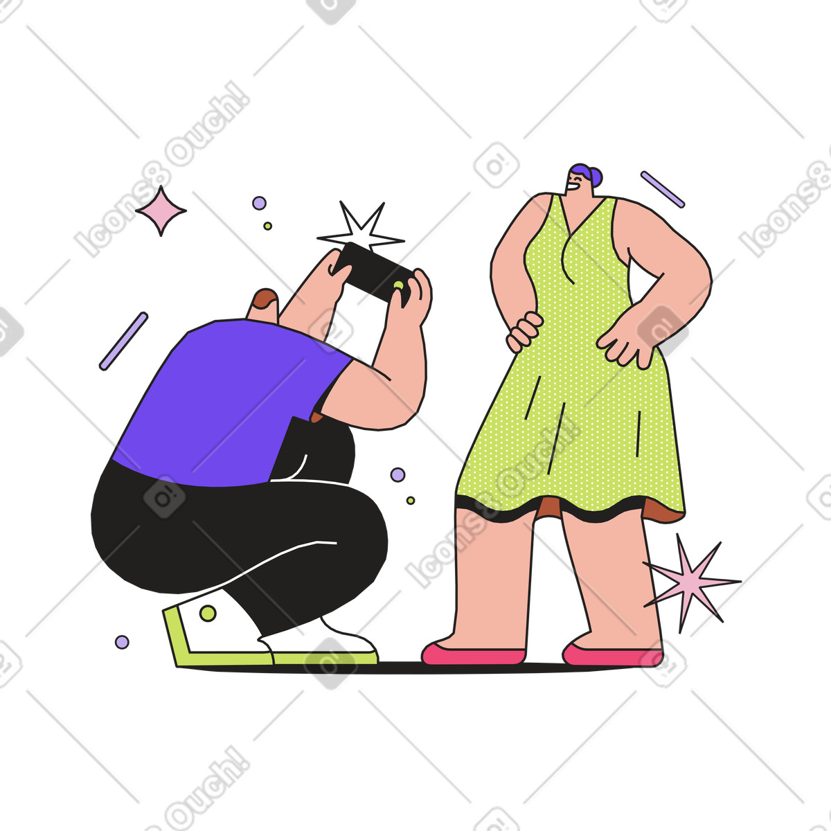 Dazzle スタイルの Photographer snapping picture of model, Social media and mobile photography のイラストをPNG、SVG形式でダウンロード