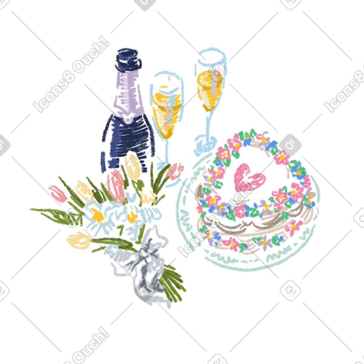 Illustration Champagne, bouquet de fleurs et gâteau mariage dans le style Sketchbook à télécharger aux formats PNG, SVG