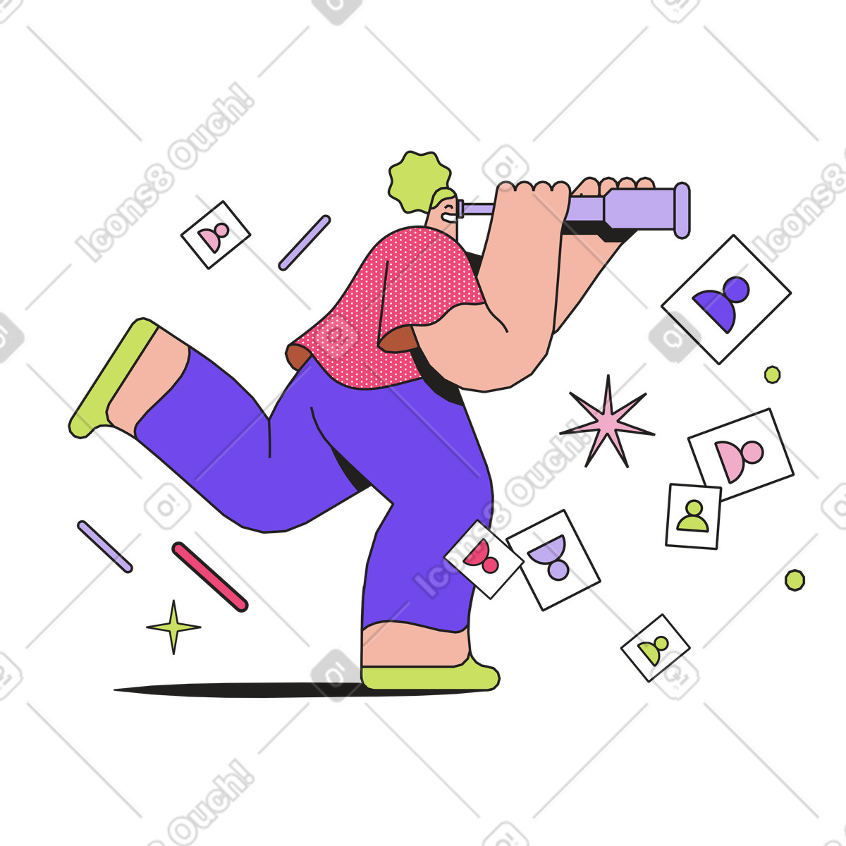 Illustration Recruiter reviewing resumes with spyglass, staff search and hr workflow dans le style Dazzle à télécharger aux formats PNG, SVG