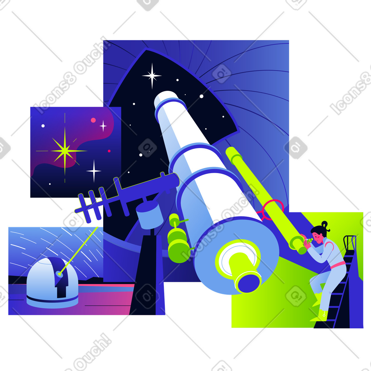 Scienziata in un osservatorio che guarda le stelle attraverso telescopio illustrazione stile Space scarica PNG, SVG