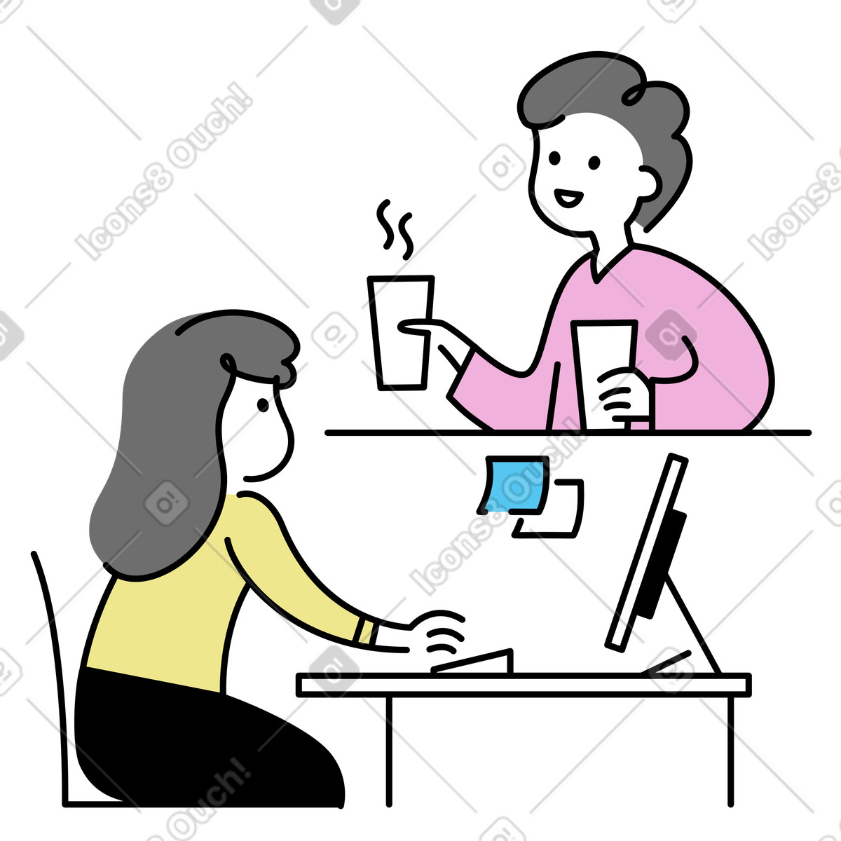 Office worker bringing coffee to colleague, Team support and cooperation illustration in Mochi style download in PNG, SVG