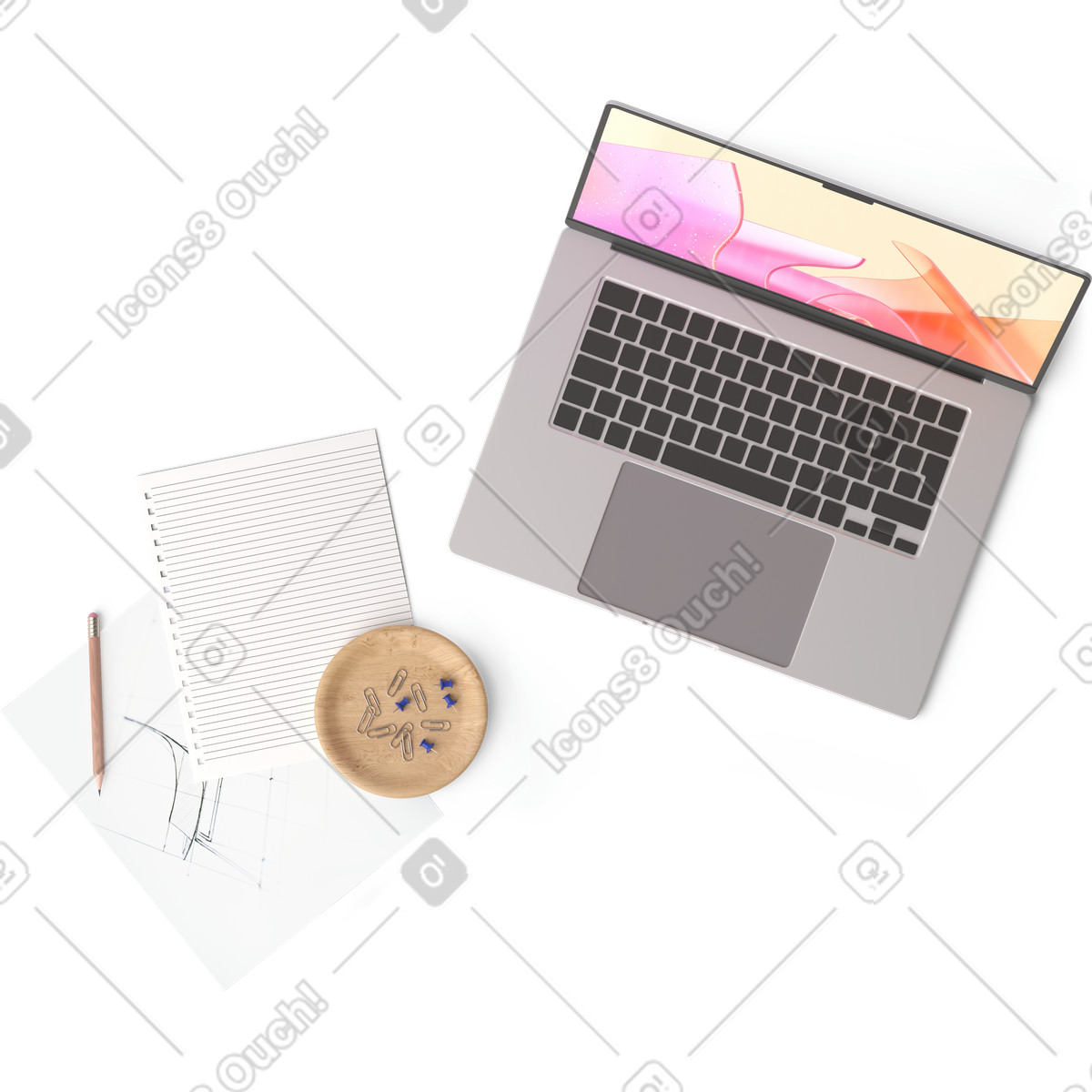 Draufsicht auf laptop, zwei blatt papier, tasse tee, bleistift und stecknadeln-Illustration im 3D Hygge-Stil als Download in PNG, SVG