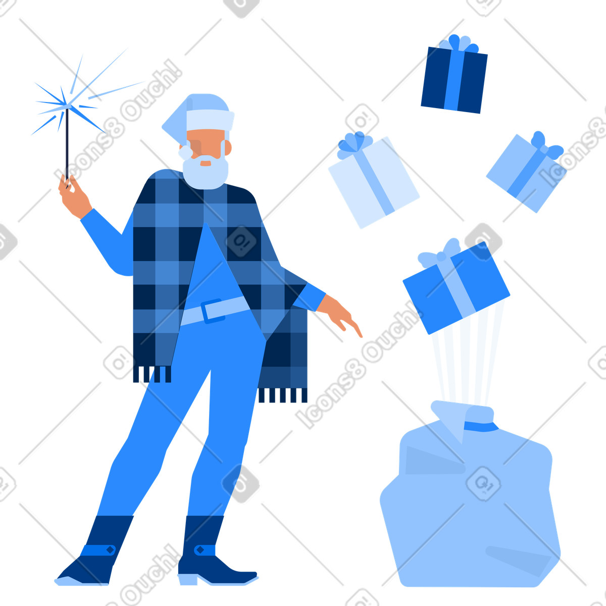 Modern Santa near gift sack with floating presents, Holiday celebration and gifting illustration in Urban style download in PNG, SVG