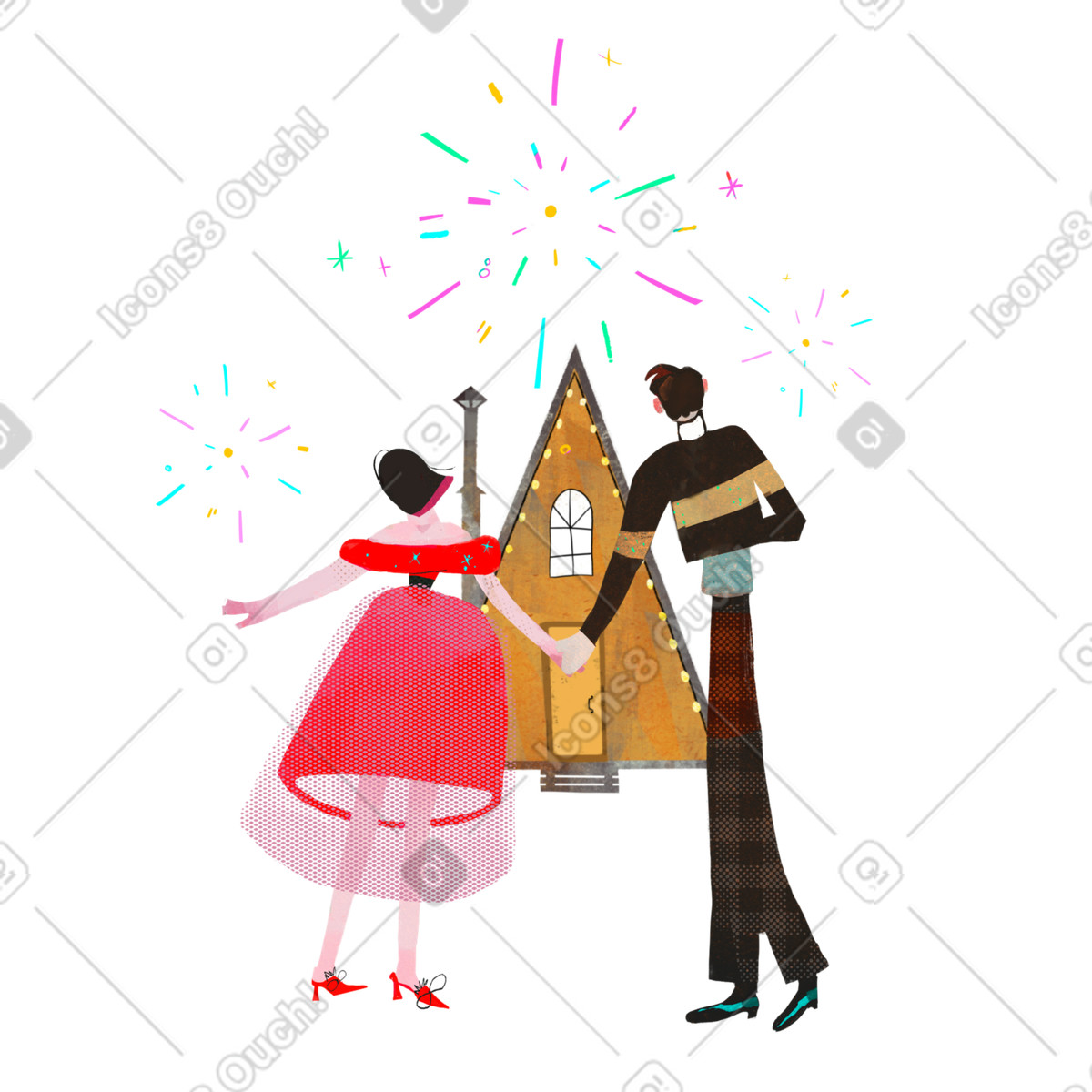 Ilustração de Casal comemorando o ano novo com fogos artifício em no estilo Fabulous para baixar em PNG, SVG
