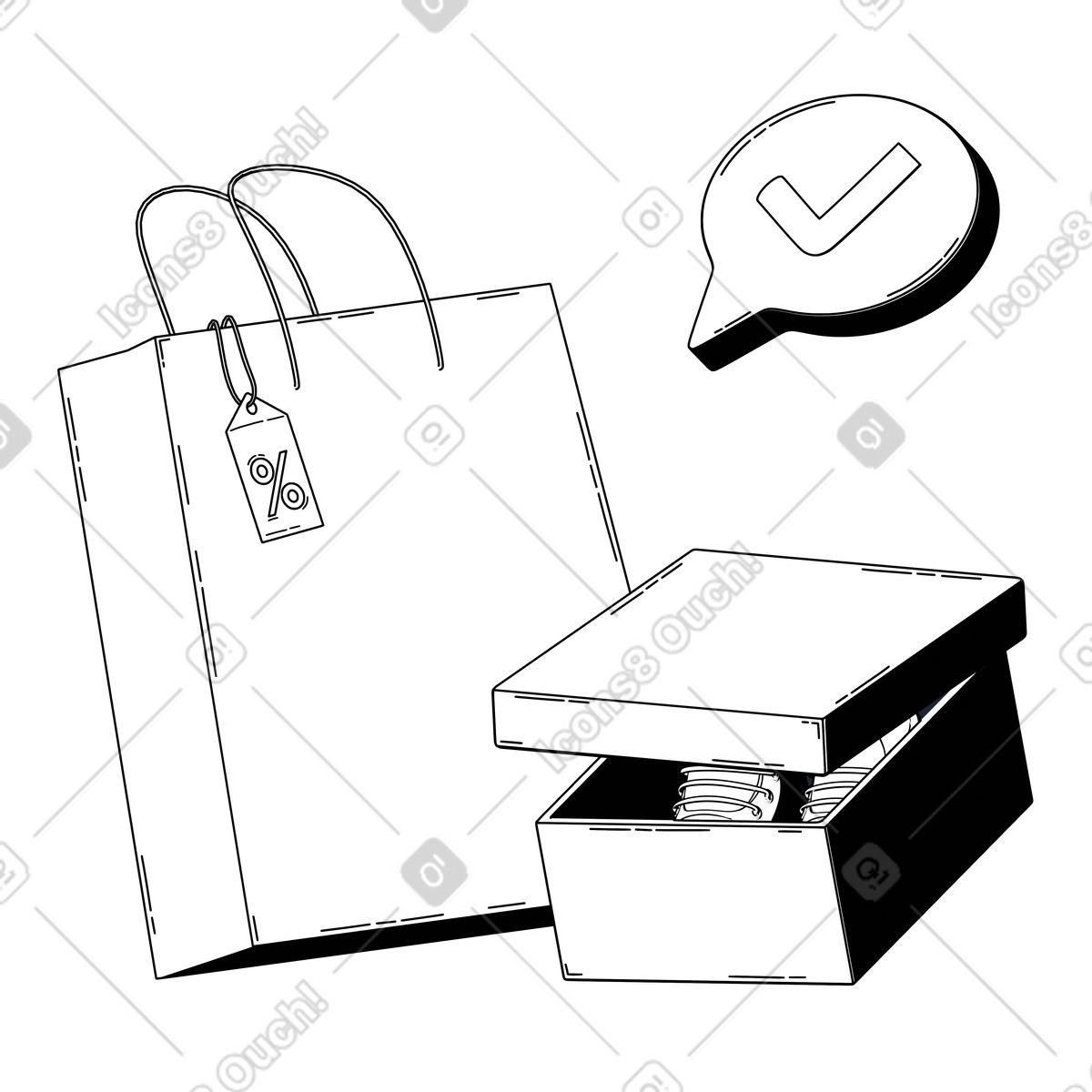 Illustration animée Sac de courses avec étiquette solde et boîte à baskets, confirmation commande en ligne achat prix réduit dans le style 3D Techny Line télécharger aux formats GIF, Lottie (JSON), AE