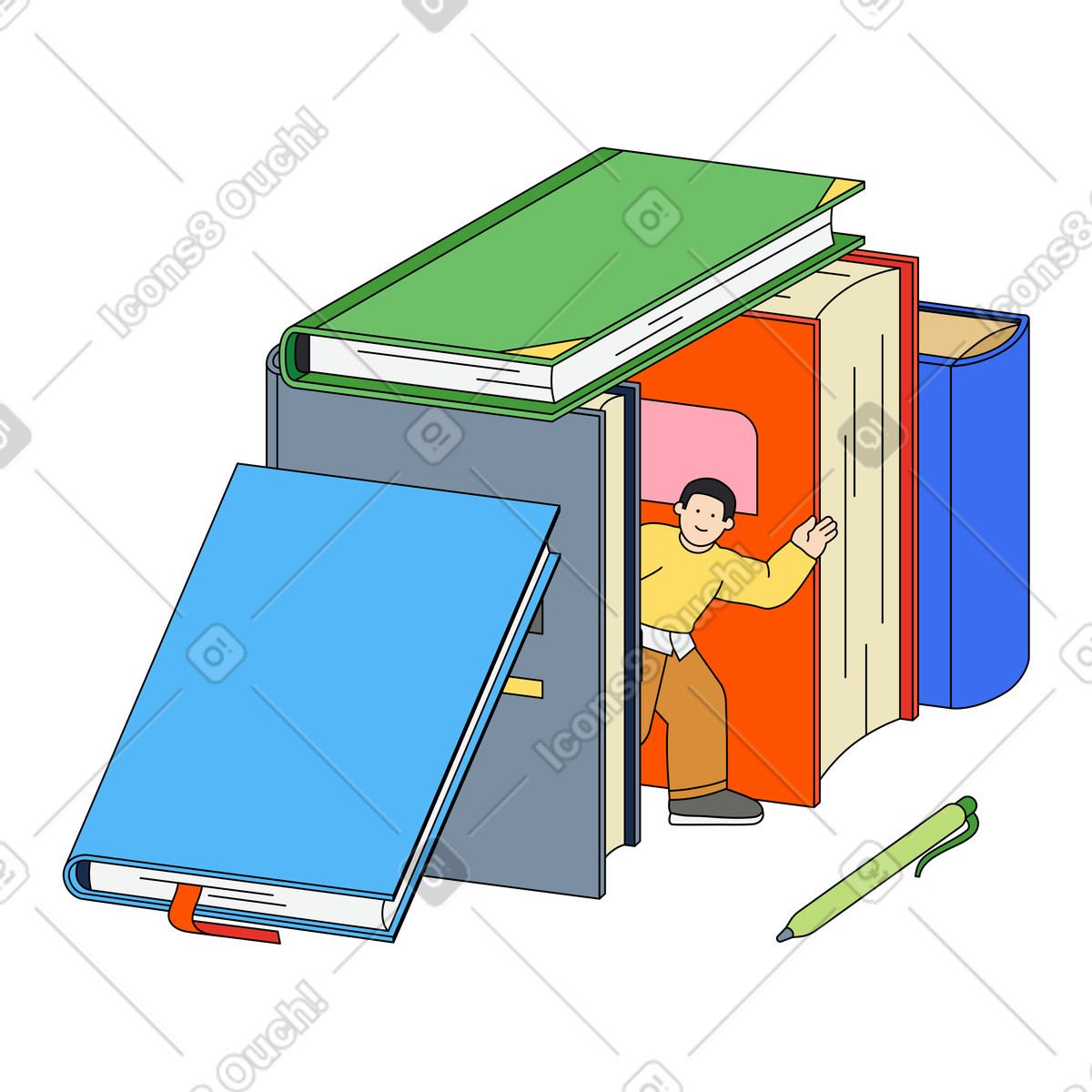 Small man standing between giant books illustration in Kindy style download in PNG, SVG