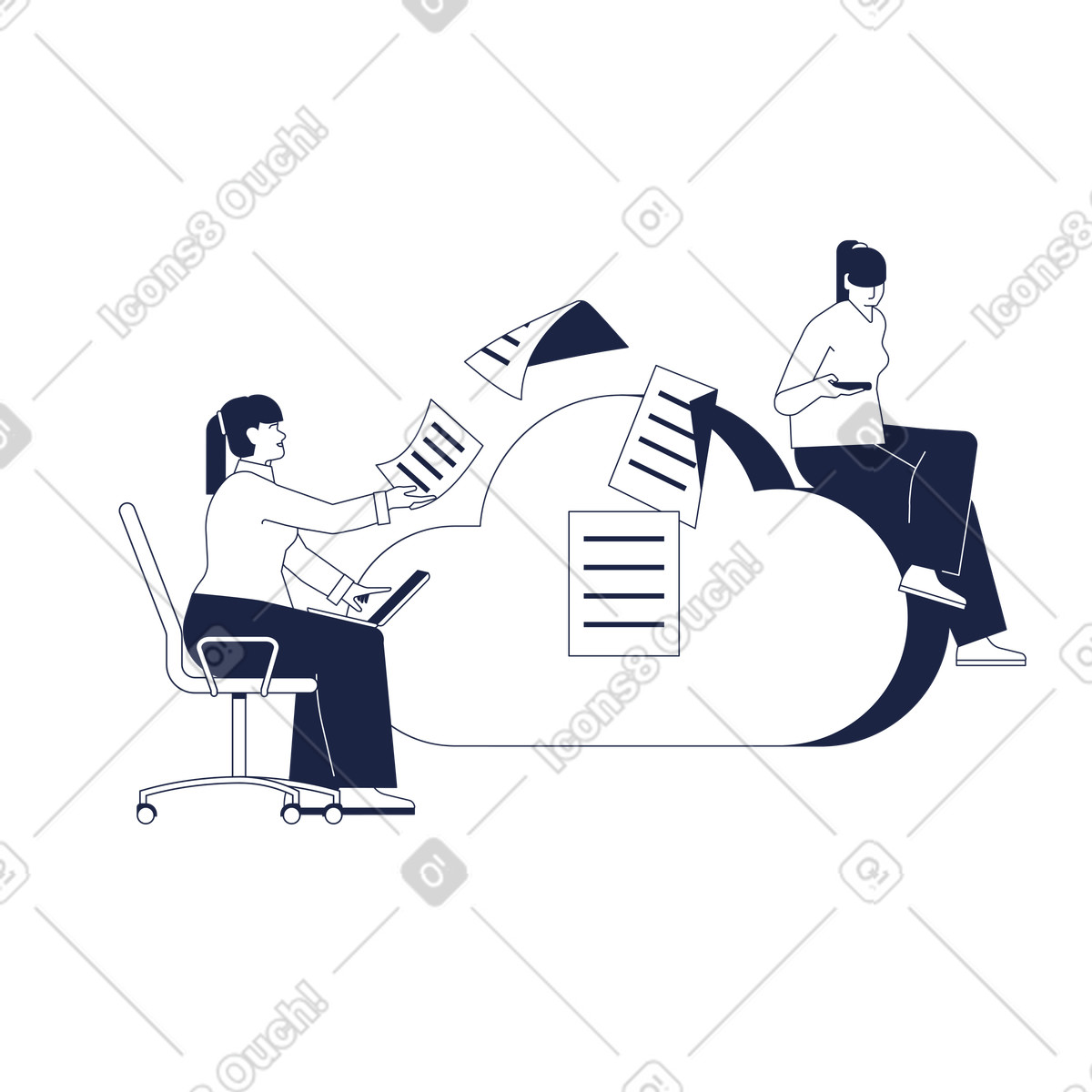 Ilustración Colleagues uploading documents to cloud, online file transfer and backup en estilo Urban Line a descargar en PNG y SVG