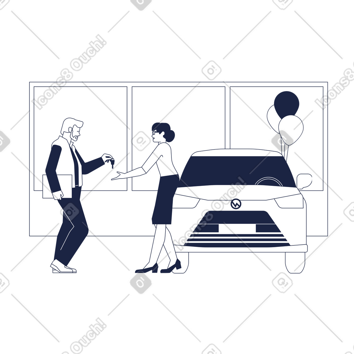 Ilustración El vendedor de la concesionaria autos le da las llaves del auto a una clienta en estilo Urban Line descargar en PNG y SVG