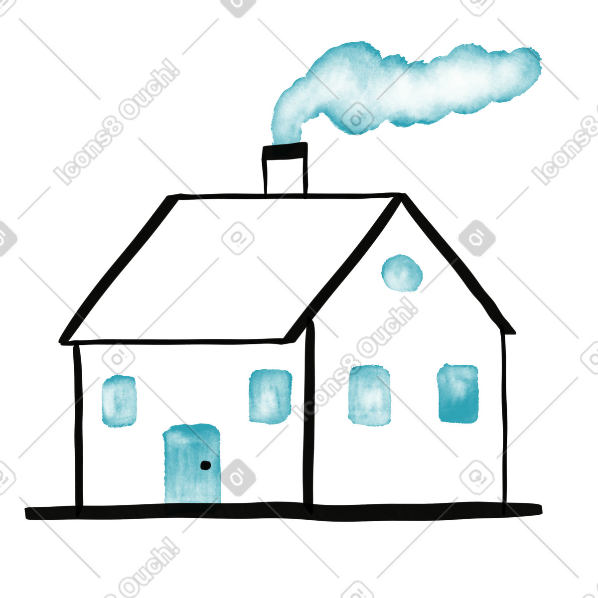 House with chimney smoke blue door and watercolor windows drawing illustrazione in stile sketch scarica in PNG, SVG