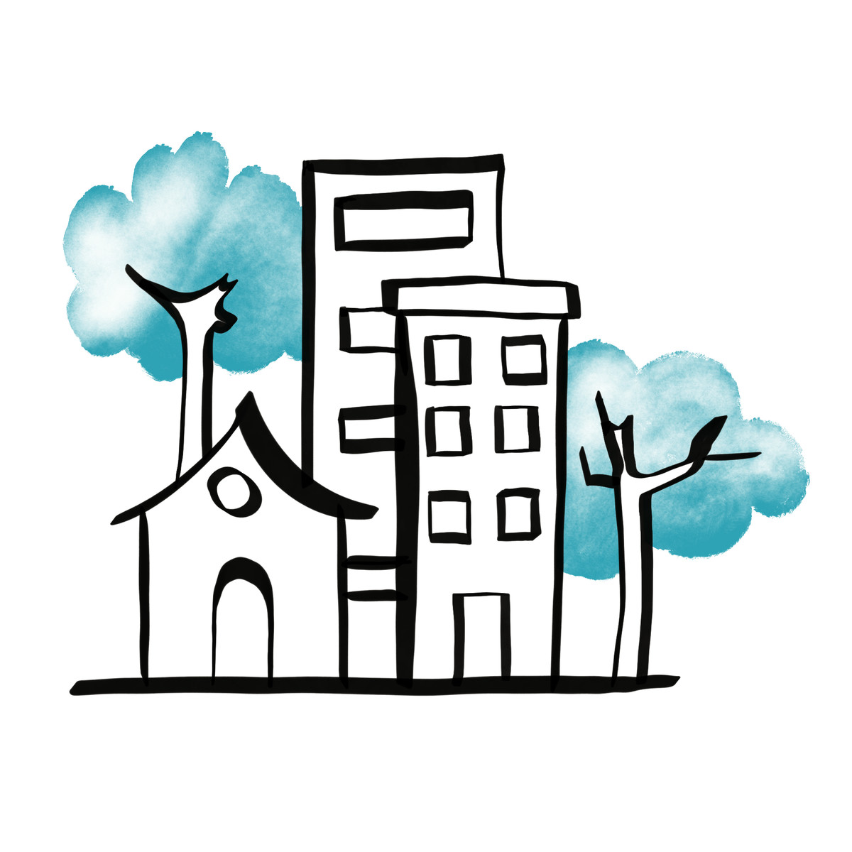 Gebäude beherbergen wohnungen, bäume bilden eine einfache skyline-zeichnung eines stadtviertels-Illustration im Watercolor sketch-Stil als Download in PNG, SVG