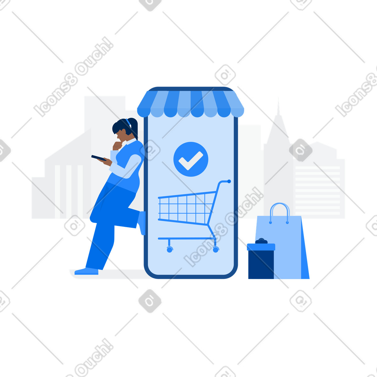 Ilustração de Mulher ao lado do smartphone com cobertura da loja em no estilo Urban para baixar em PNG, SVG