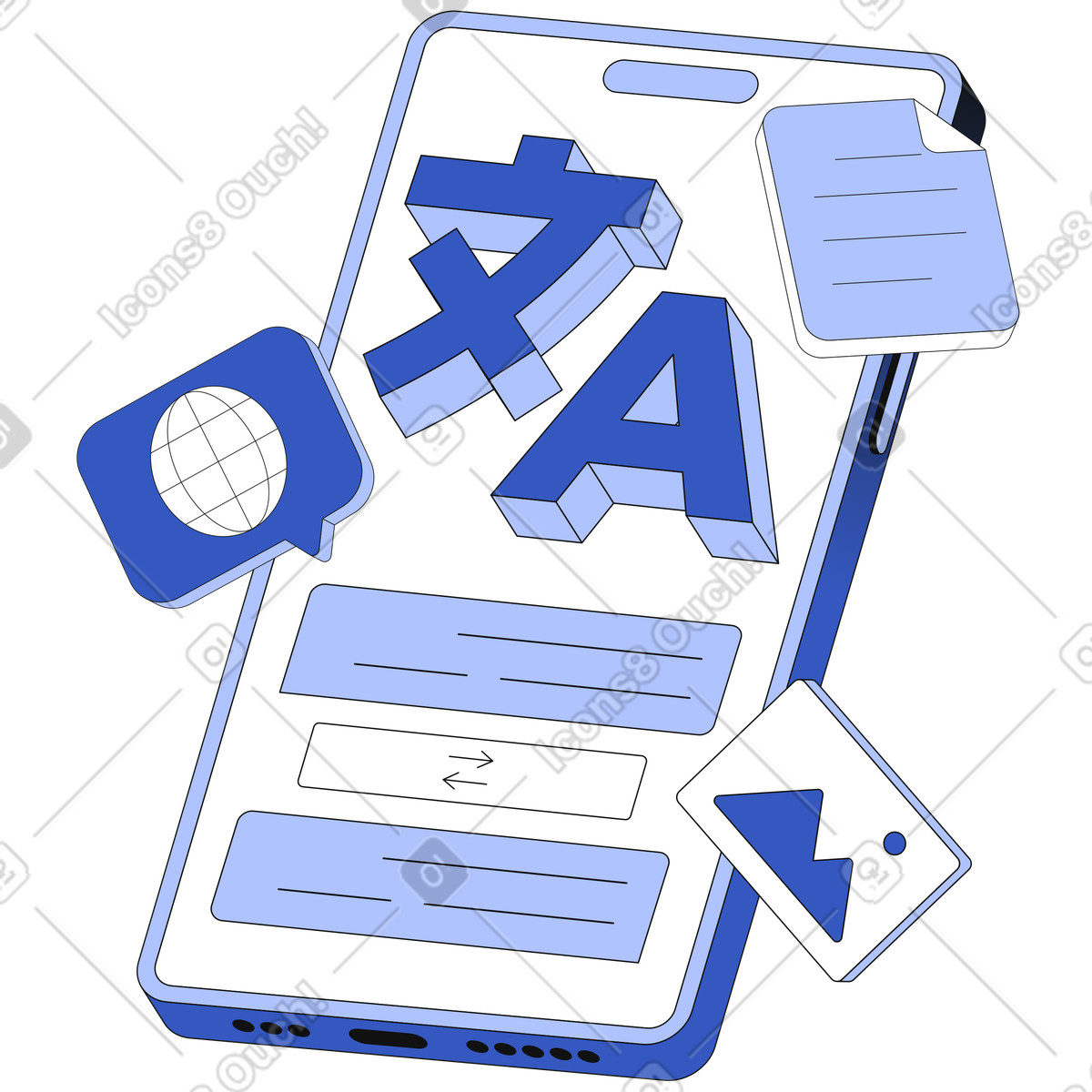 Mobile translator app, Language learning and translation illustration in Techny style download in PNG, SVG