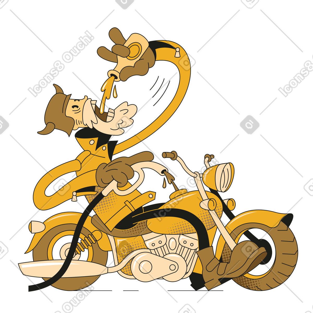 Ilustração de Motociclista bebendo cerveja enquanto enche seu tanque gasolina em no estilo Rubber para baixar em PNG, SVG