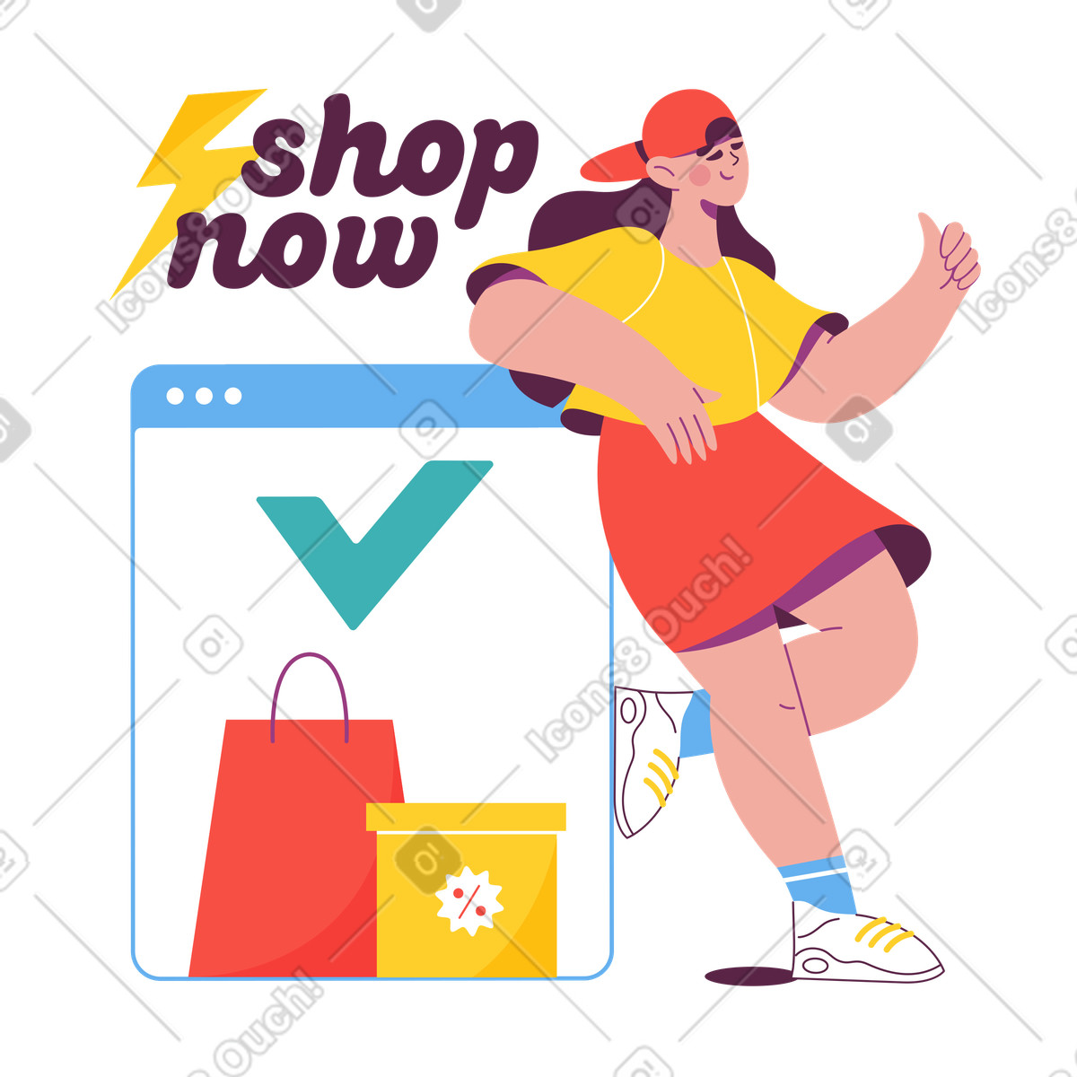 Ilustración Lettering shop now con una chica que compra en línea estilo Sammy a descargar PNG y SVG