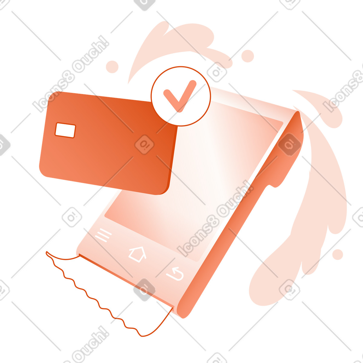 Payment terminal with card and receipt, Tap-to-pay checkout-Illustration im Orange-Stil als Download in PNG, SVG
