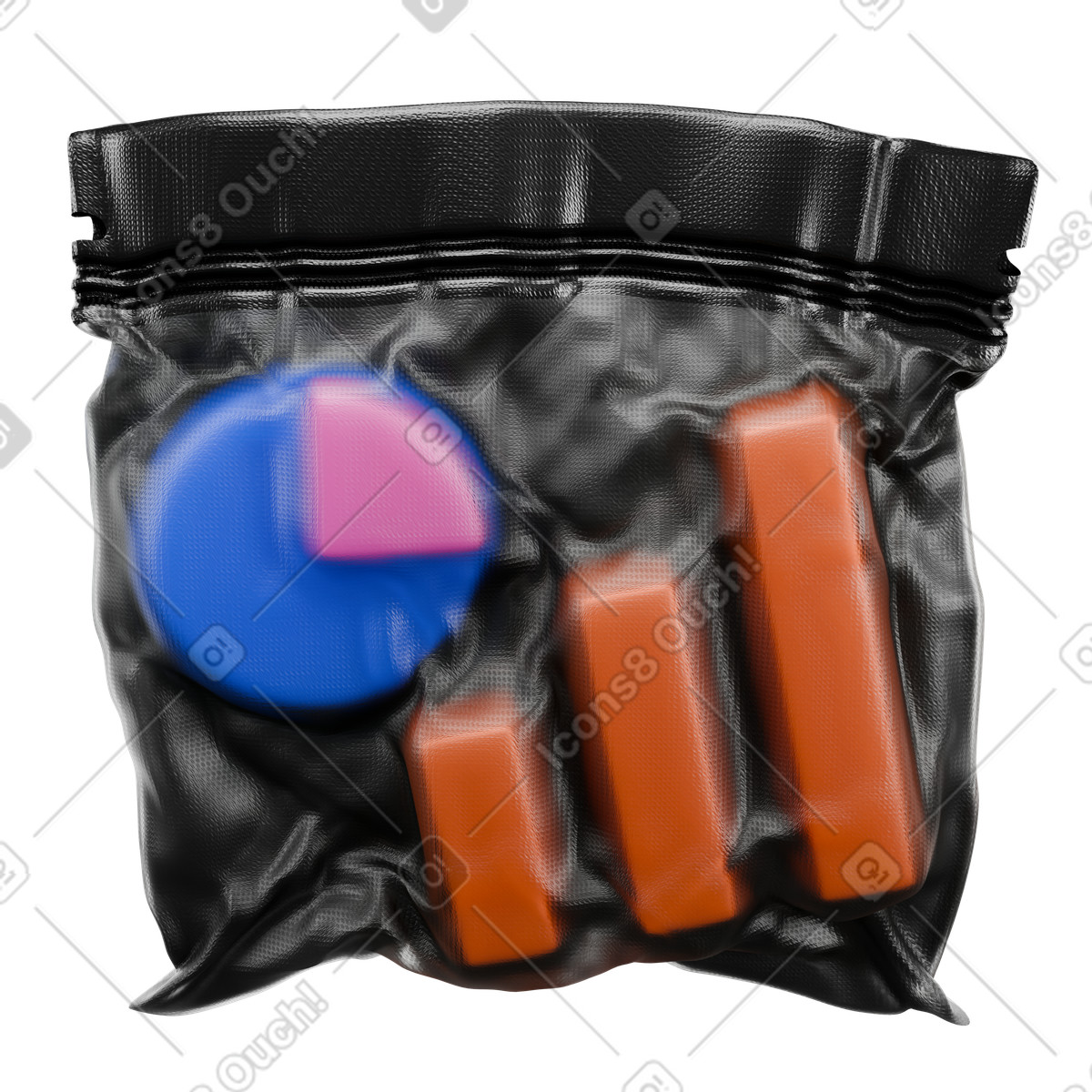 Wrapped analytics charts in black bag, data protection and information concealment illustration in PNG, SVG