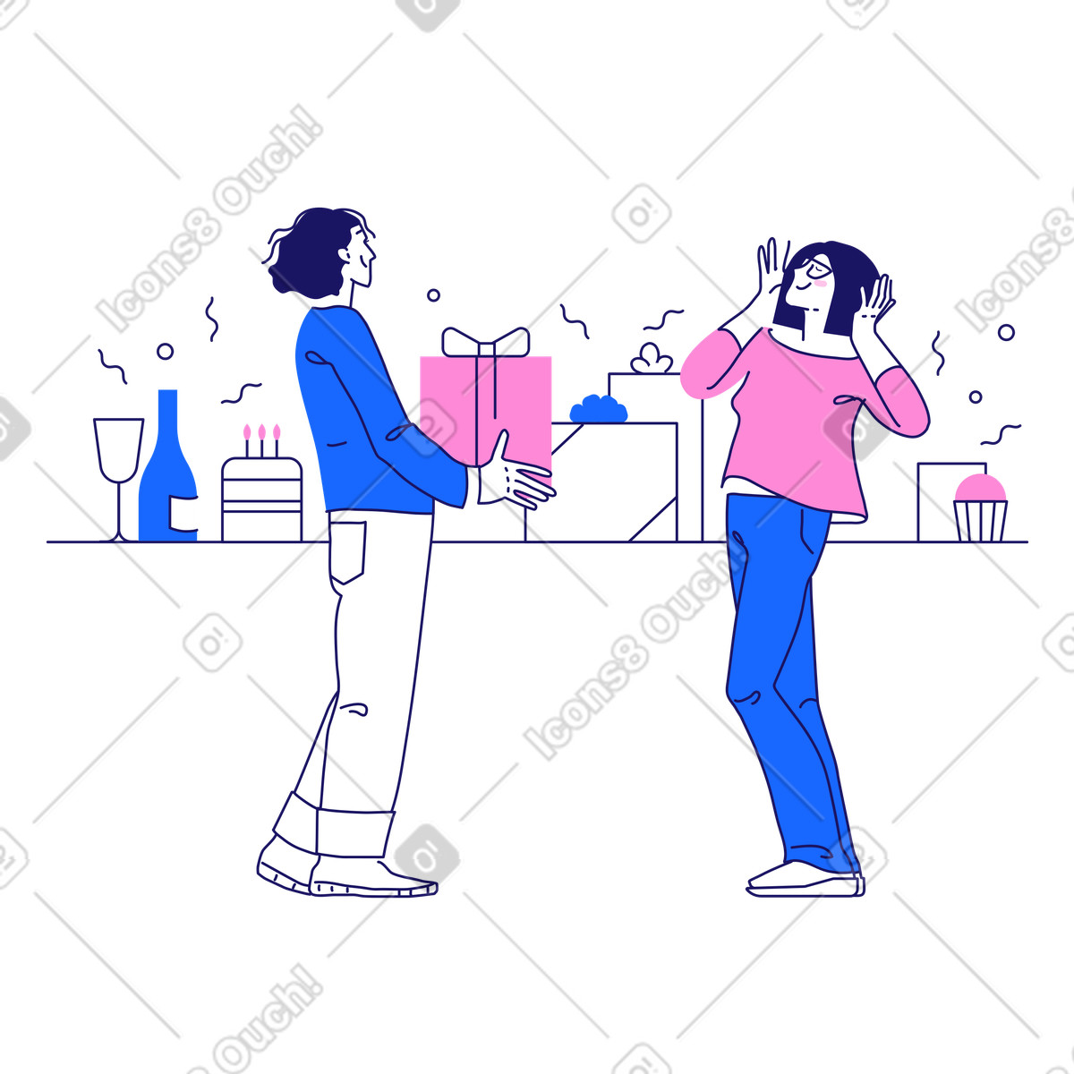 Matey 스타일의 여자에게 생일 선물을 주는 남자 일러스트레이션 PNG, SVG 다운로드