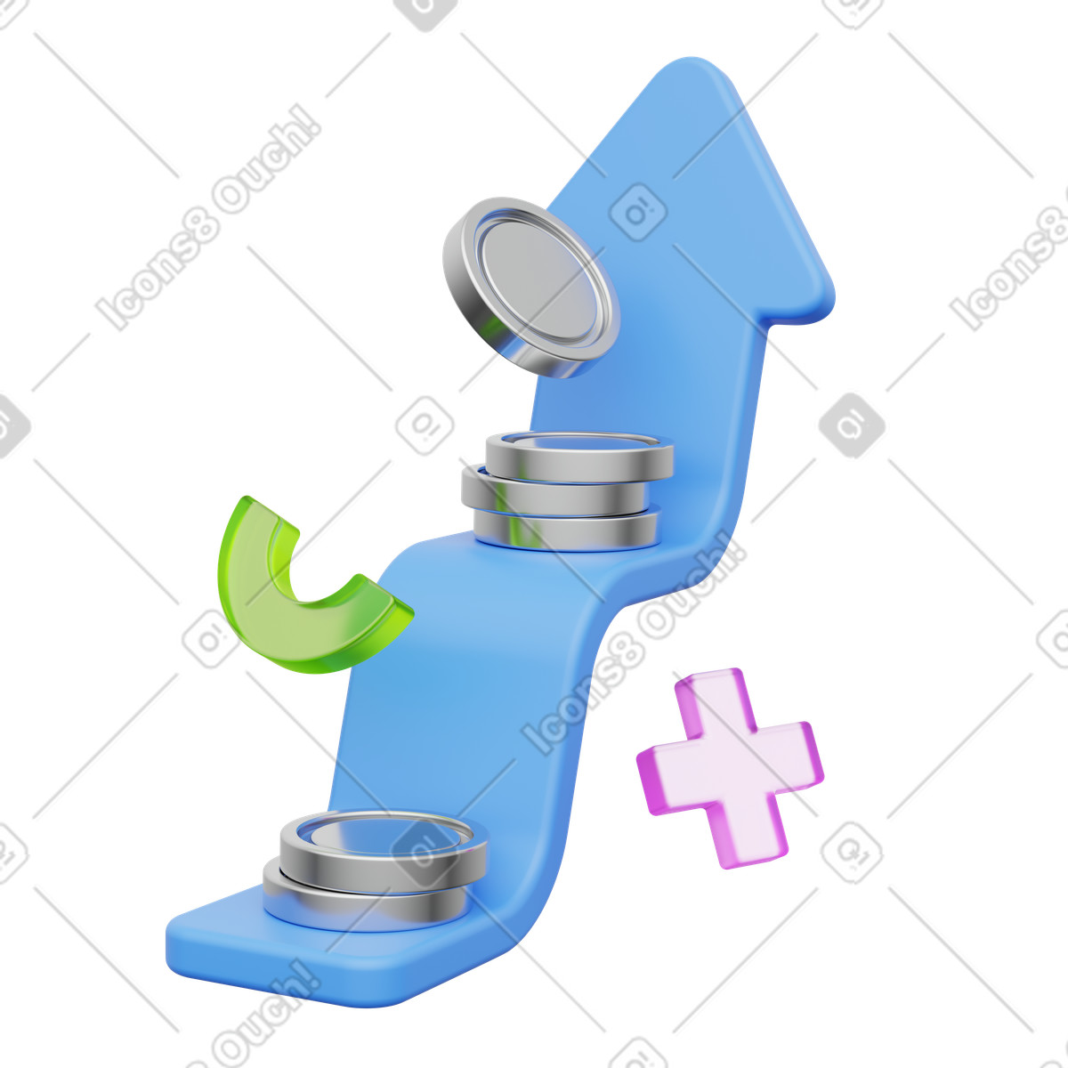 Illustration Flèche avec pièces et signe plus, augmentation de l'argent, croissance des revenus dans le style 3D Playful à télécharger aux formats PNG, SVG