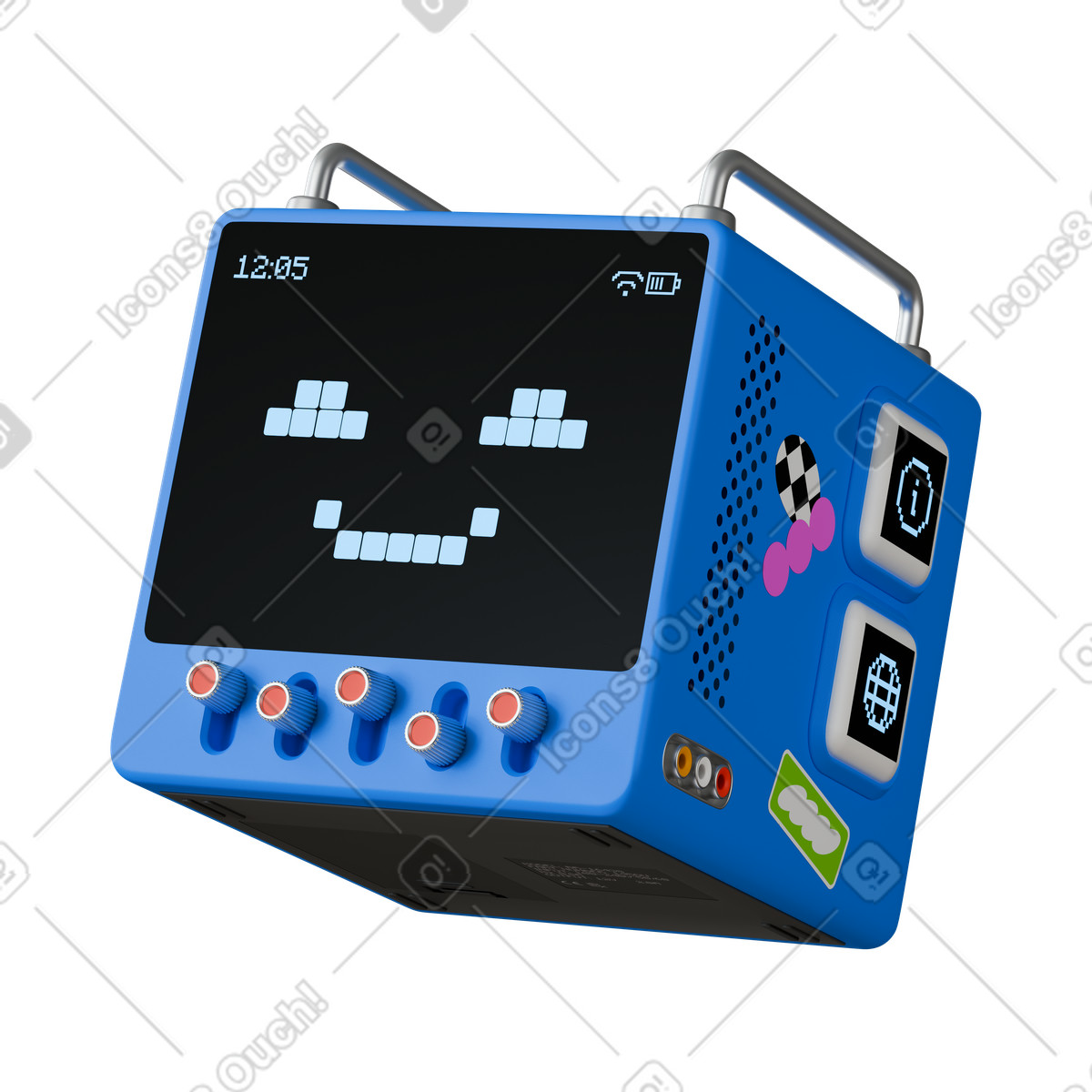Ilustração de Robot assistant device with smiling pixel face and control knobs em no estilo 3D Stickle para baixar em PNG, SVG