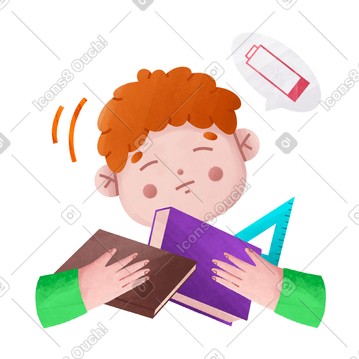 下载 Bonbon 风格的 Sleepy student with books and low battery icon, Intensive studying learning 插画，支持 PNG、SVG 格式