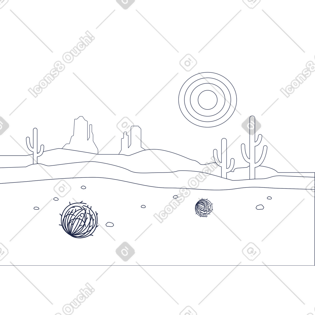 Paesaggio desertico con tumbleweed e cactus illustrazione in stile Urban Line scarica in PNG, SVG