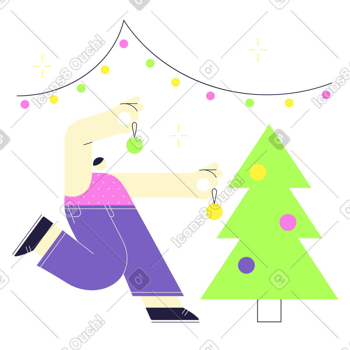 Mellow スタイルの Hanging ornaments on Christmas tree, Holiday season preparation のイラストをPNG、SVG形式でダウンロード