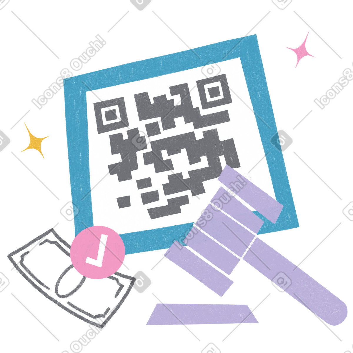Auction pictures with QR code illustration in Tutti style download in PNG, SVG