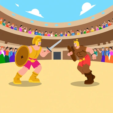 Two gladiators are positioned in a combat stance, facing each other in the center of a large Roman coliseum. One gladiator is wearing bronze armor with a helmet shaped like a lion, wielding a sword in his right hand and a shield in his left. The other gladiator is equipped with a wooden shield and a trident, wearing a tunic and a decorative belt. The coliseum is filled with a cheering crowd, with spectators raising their hands, some waving banners. The sun casts strong shadows across the sandy arena floor, highlighting the anticipation of the battle.