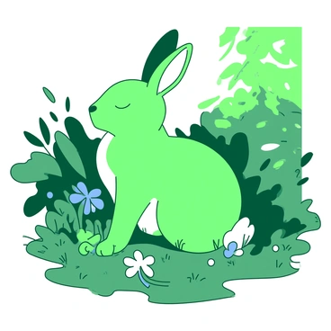 A green rabbit is sitting peacefully among lush foliage in a forest. Sunlight filters through the leaves, casting dappled shadows on the ground. The rabbit's left foot is raised slightly, adorned with a small shiny charm in the shape of a four-leaf clover, symbolizing luck. Surrounding the rabbit are vibrant flowers and soft grass, contributing to the tranquil atmosphere of the scene.