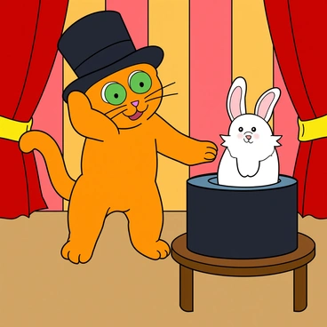 A playful scene features a magician cat standing confidently on a stage. The cat has vibrant orange fur, large expressive green eyes, and wears a classic magician's top hat, adorned with a black satin band. The cat is mid-magic trick, with one paw raised dramatically, generating excitement. In front of the cat, a large black top hat sits on a small wooden table. From the hat, a fluffy white rabbit is emerging, ears perked up and eyes wide with surprise. Colorful stage curtains drape in the background, creating an inviting atmosphere for the performance.