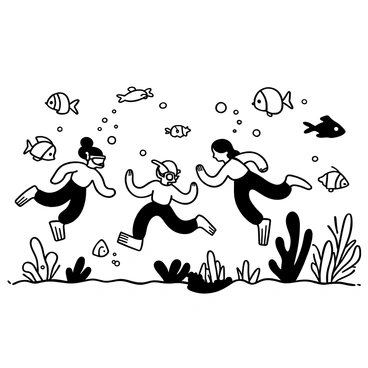 A group of children swimming in an underwater scene, surrounded by various types of fish swimming around them. The children are wearing snorkeling gear and diving suits. Coral reefs can be seen in the background, with diverse shapes and sizes of coral formations. Bubbles rise to the surface from the children's movements, creating a sense of activity in the water.