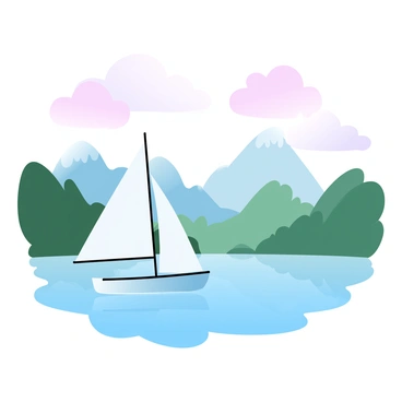 A sailboat gliding peacefully over a crystal-clear lake with mountains in the background