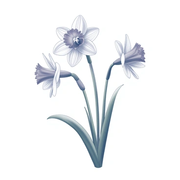 A cluster of "daffodil flowers" with trumpet-shaped blooms, all featuring a distinct central corona surrounded by petal-like tepals. The flowers are bending slightly as if swayed by a "gentle spring wind." The green stems are slender and support the flowers, creating a natural flow in their arrangement. A few leaves emerge from the base, adding texture to the scene. The overall composition captures the delicate movement of the flowers in response to the breeze.