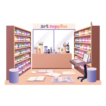 A digital flat illustration of an art supplies store interior. The store features tall shelves on both sides, filled with a wide variety of vibrant paint tubes in an array of colors. There are several clear containers filled with different sizes of paintbrushes standing prominently on the shelves. One shelf prominently displays sketchbooks in various sizes, with colorful covers. The floor is wooden and polished, and there are some small tables with sample artworks showcasing different painting techniques. Bright light streams in through a large window at the front of the store, illuminating the colorful supplies. A small sign above the entrance reads "Art Supplies" in bold, colorful letters.