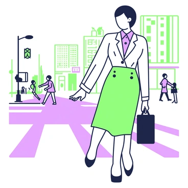 A businesswoman is crossing the street while wearing a 1960s pencil skirt suit. The suit is fitted and stylish, complementing her confident posture. She holds a briefcase in her right hand, while her left hand rests at her side. Her hair is neatly styled, reflecting the fashion of the era. The background features a cityscape with buildings and a clear sky, and there are a few pedestrians in the distance. The street is marked with crosswalk lines, adding to the urban setting.