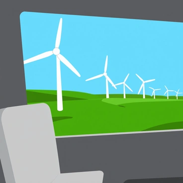 A row of gigantic wind turbines with tall white towers and large rotating blades is visible on the horizon. The turbines are set against a clear blue sky. The scene is framed by the bus window, which has a simple reflection of the bus interior, including a soft gray seat and the edge of the window frame. The landscape outside is filled with green fields that stretch towards the turbines. The sunlight casts soft shadows on the ground, highlighting the movement of the spinning blades.