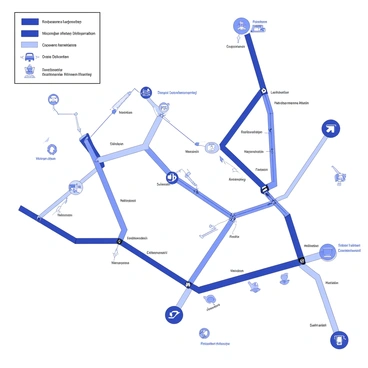A comprehensive urban transport system map is displayed, showing various transit lines across the city. The map features multiple interconnecting routes, each marked with distinct line styles to represent different modes of transportation, such as subway, bus, and tram. Key landmarks, stations, and transfer points are indicated with simple icons and clear labels. The layout is organized to highlight the relationships between different lines and their respective stops, providing an overview of the entire transport network. Surrounding the map are additional details like directional arrows and a legend explaining the symbols used.
