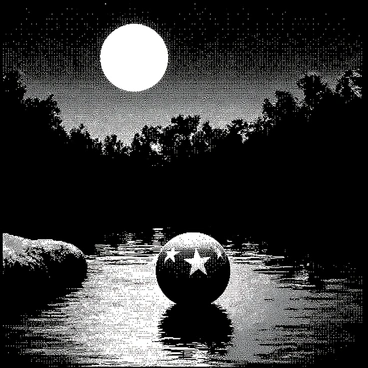 A dragon ball is resting on the surface of a tranquil pond. The ball has a glossy texture, with distinct star-like patterns. The pond's surface is smooth, reflecting the ball and the surrounding scenery. The moonlight casts a soft glow over the water, illuminating the dragon ball. Lush greenery can be seen contrasting with the dark water, enhancing the peaceful atmosphere of the scene. The night sky above is filled with stars, adding to the serene environment.