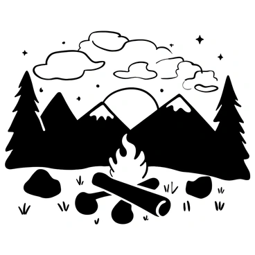 A campfire with glowing embers sits on a rocky surface, surrounded by logs arranged as seating. In the background, distant mountains rise majestically against the horizon. The sky is filled with dynamic shapes of clouds, creating an intricate pattern as the sun sets behind the mountains. The silhouette of the mountains is sharply defined against the lighter sky. Surrounding the scene are scattered pine trees, adding depth to the composition. A few stars start to appear in the sky, hinting at the coming night.