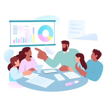 A colorful pie chart is displayed on a wall, illustrating different segments in gradient pastel colors. In front of the wall, a family is gathered around a table, reviewing their monthly budget. The family consists of two adults and two children, with documents and a laptop spread across the table. One adult is pointing at the pie chart, while the other is taking notes. The children are engaged, looking at their parents and the documents. A calculator is placed nearby, alongside colored pens and a notebook.