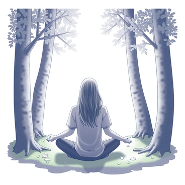A person sitting cross-legged in a meditative pose on the forest floor. The individual has long, flowing hair that cascades over their shoulders. They are wearing a simple, loose-fitting garment. Surrounding them are tall trees with textured bark, their leaves forming a natural canopy above. The ground is covered with a mix of soft green moss and fallen leaves, creating a serene environment. Sunlight filters through the branches, casting gentle shadows on the person. The atmosphere conveys a sense of calm and tranquility.