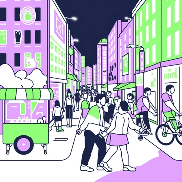 A bustling city street at night is filled with activity. Tall buildings line the street, their facades adorned with various neon signs featuring different shapes and symbols. The street is crowded with pedestrians, some walking quickly, while others stop to look at shop displays. A food vendor cart is positioned at the corner, with steam rising from it. In the foreground, a group of friends is chatting and laughing as they walk, while a cyclist navigates through the crowd. The pavement reflects the light from the signs, adding to the vibrant atmosphere of the scene.