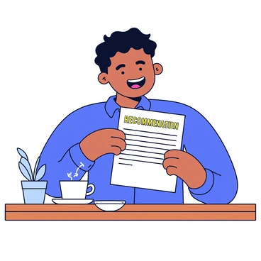 A person is sitting at a wooden desk, holding a glowing recommendation letter in their hands. The letter has bold, positive text. The individual has a wide smile on their face, showcasing their happiness. They are wearing a casual blue shirt. The desk is decorated with a small potted plant and a steaming cup of coffee. Soft light illuminates the scene, highlighting the letter's importance.